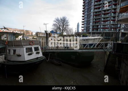 Tideway Village, houseboat community moored next to Battersea Power Station, Nine Elms , London, Greater London, England, UK Stock Photo