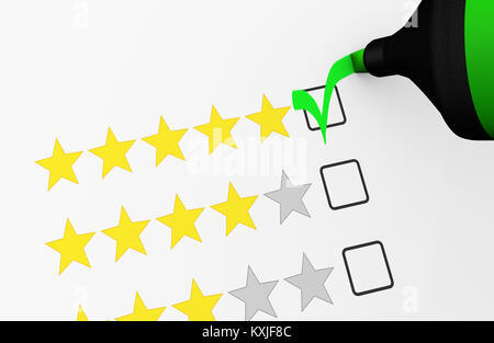 Business quality control checklist concept with five stars rating feedback of an happy customer 3D illustration. Stock Photo