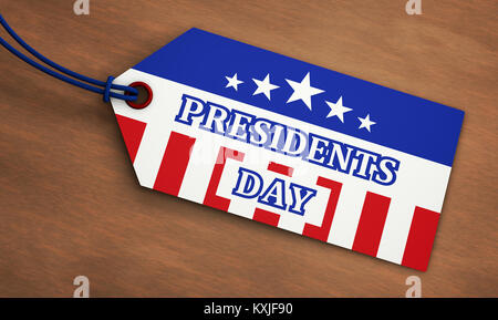 Presidents Day USA federal holiday sale concept with American flag colors and sign on a paper label tag 3D illustration. Stock Photo