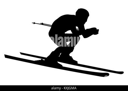alpine skier athlete skiing downhill black silhouette Stock Photo