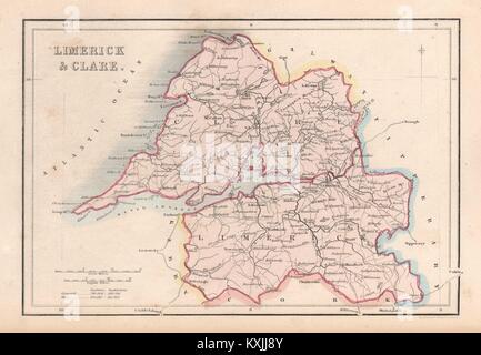 Antique LIMERICK & CLARE county map by Alfred ADLARD. Ireland c1841 old Stock Photo