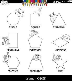 Black and White Cartoon Illustration of Basic Shapes Educational Workbook Set for Children with Animal Characters Stock Vector