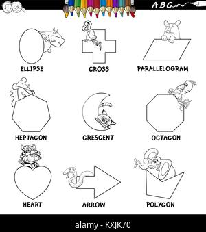 Black and White Cartoon Illustration of Basic Shapes Educational Workbook Set for Children with Animals Characters Stock Vector