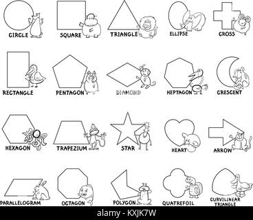 Black and White Cartoon Illustration of Educational Basic Geometric Shapes for Preschool or Elementary School Children with Animal Characters Stock Vector
