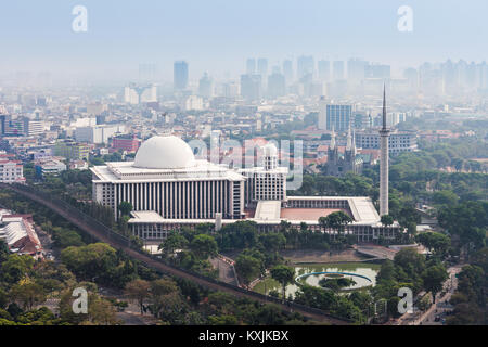 JAKARTA, INDONESIA - OCTOBER 21, 2014: Aerial view of Istiqlal Mosque. It is the largest mosque in Southeast Asia. Stock Photo