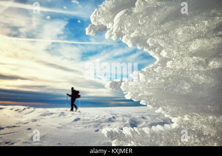 Close up picture of ice formations at sunset, cross-country skier silhouette in distance, selective focus. Stock Photo