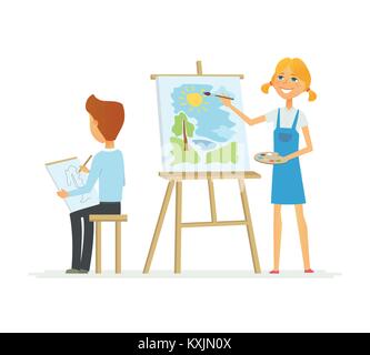 Two children drawing in class - cartoon people characters isolated illustration Stock Vector