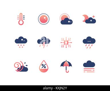 Weather types symbols - set of flat design style icons Stock Vector