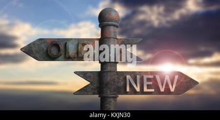 Old and new written on signposts isolated on sky at sunset or sunrise background. 3d illustration Stock Photo
