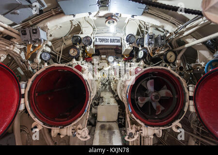 SURABAYA, INDONESIA - OCTOBER 28, 2014: Pasopati submarine Monument interior. It is a submarine museum in Surabaya, Indonesia. Stock Photo