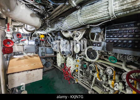 SURABAYA, INDONESIA - OCTOBER 28, 2014: Pasopati submarine Monument interior. It is a submarine museum in Surabaya, Indonesia. Stock Photo