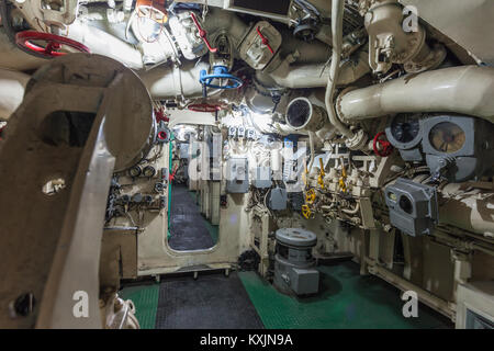 SURABAYA, INDONESIA - OCTOBER 28, 2014: Pasopati submarine Monument interior. It is a submarine museum in Surabaya, Indonesia. Stock Photo