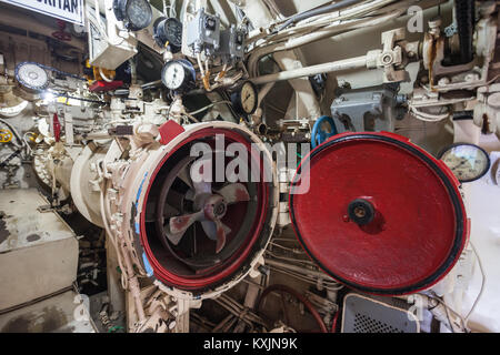 SURABAYA, INDONESIA - OCTOBER 28, 2014: Pasopati submarine Monument interior. It is a submarine museum in Surabaya, Indonesia. Stock Photo