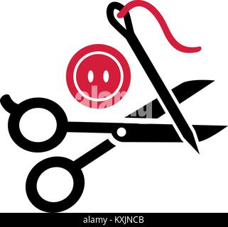 Tailors scissors, needle and thread and red button Stock Vector