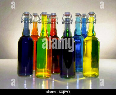 Colorful bottles. Canvas Painting. 3D rendering Stock Photo