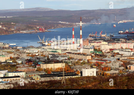 General view from rock in downtown in Murmansk, Russia Stock Photo