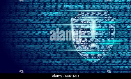 Shield guard safety system binary code flow. Big data security hacker attack computer antivirus business concept exclamation point information vector illustration Stock Vector