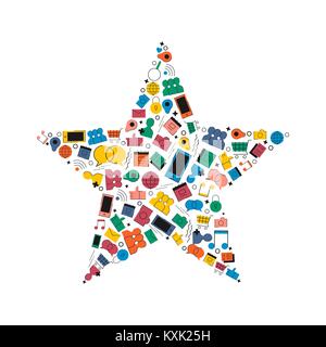 Social media favorite concept illustration in modern flat color style. Star shape made of internet icons. Includes shopping cart, chat, photo and phon Stock Vector