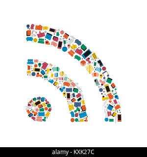 Social media wifi concept illustration in modern flat color style. Wireless signal shape made of internet icons, includes like, music, friend, photo a Stock Vector