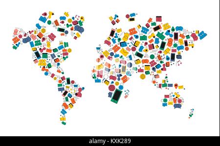 World map made of colorful flat style social media icons. Worldwide internet communication concept illustration includes music, photo, gps, chat, mail Stock Vector