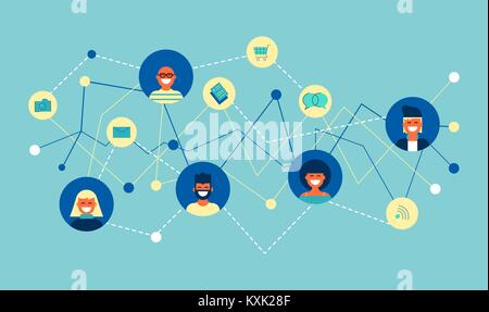 Social network connection concept illustration. Team of diverse people online doing internet activity connected to each other. EPS10 vector. Stock Vector