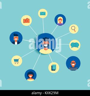 Social network connection concept illustration. Team of diverse people online doing internet activity connected to each other. EPS10 vector. Stock Vector