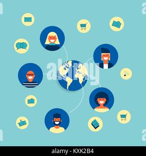 Social network world connection concept illustration. Team of diverse people online doing internet activity worldwide. EPS10 vector. Stock Vector