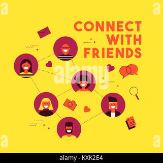 Connect with friends concept illustration in flat style. People group connected on social media network doing online internet activities. EPS10 vector Stock Vector