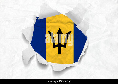 Realistic illustration of Barbados flag on torned, wrinkled, dirty, grunge paper. 3D rendering. Stock Photo