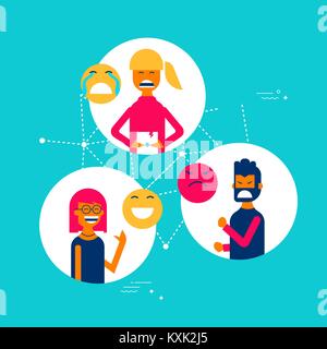 Social media reactions concept illustration in modern flat art style, group of people using different emoji to express their emotions and feelings. EP Stock Vector
