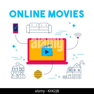 Online movie streaming modern flat art concept illustration, laptop computer connected to internet film and tv app service. Includes phone, sofa, coup Stock Vector