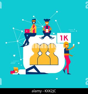 Social media followers concept illustration in modern flat art style. Young people group celebrating 1000 fans on internet network. EPS10 vector. Stock Vector