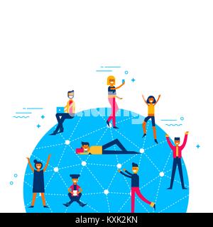 People connected to social media network around the world, worldwide internet access concept illustration in modern flat art style. EPS10 vector. Stock Vector