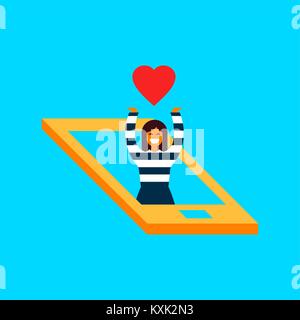 Social media network love concept illustration in modern flat style. Girl inside mobile phone with heart or like symbol. EPS10 vector. Stock Vector