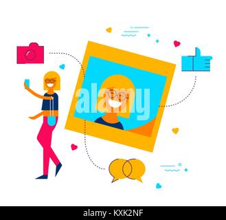 Young woman posting selfie photo on social media network app,  modern flat art style illustration with symbols and icons. EPS10 vector. Stock Vector