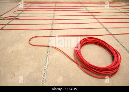 Rothenburg ob der Tauber, Germany - November 12, 2017: Heating cable for warm floor. Renovation works Stock Photo