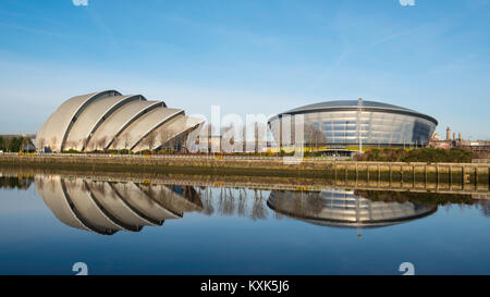 View of SEC Armadillo centre and SSE Hydro arena beside River Clyde in Glasgow , United Kingdom