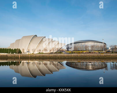 View of SEC Armadillo centre and SSE Hydro arena beside River Clyde in Glasgow , United Kingdom