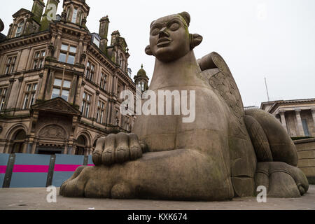 One of the two Guardian statues which lay in Victoria Square in Birmingham.  Made from the same Darley Dale stone as the Council House. Stock Photo