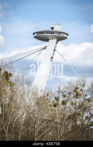 view to the moderne bridge with observation deck called Ufo in Bratislava in Slovakia Stock Photo