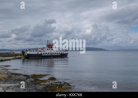 Caledonian MacBrayne ferry the MV Loch Tarbert moored at Lochranza. MV Loch Tarbert runs between Lochranza and Claonaig during the summer months. Stock Photo