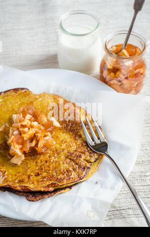 Pumpkin crepes with fruit confiture Stock Photo
