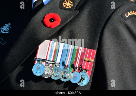 A war veteran displays his medals on his chest on Remembrance Day. Stock Photo