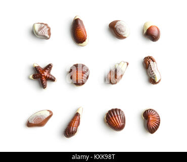 Sweet chocolate seashells isolated on white background. Stock Photo