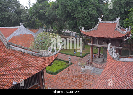 An aerial view of the Temple of Literature in Hanoi, Vietnam looking down from an upper over the lower roofs and grounds Stock Photo