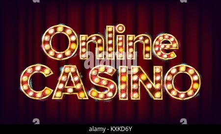 Online Casino Banner Vector. Casino Vintage Golden Illuminated Neon Light. Risk Illustration Stock Vector