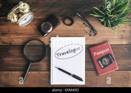 clock, magnifying glass, camera, passport, compass and notebook with TRAVELOGUE word. travel concept Stock Photo