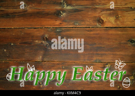 Typographical Background with Happy Easter Lettering. Green Grass, bunny ears, easter eggs and a butterfly. Stock Photo