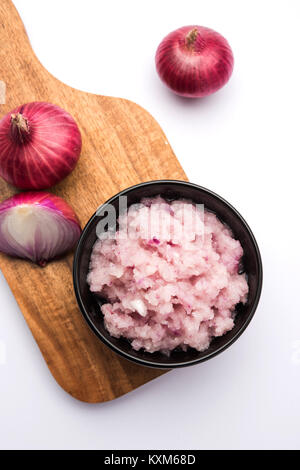 Onion Sauce or paste, in white or black ceramic bowl with raw cut onions, isolated over white background. Selective focus Stock Photo
