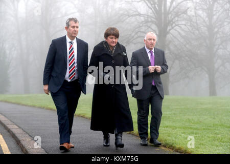 DUP leader Arlene Foster with party colleague Edwin Poots (left) as they walk from Stormont House after talks with the new Secretary of State for Northern Ireland Secretary Karen Bradley.